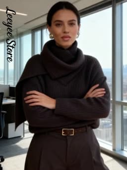 Solid Turtleneck Knit Short Pullover Women Chic Scarf Collar Full Sleeves Loose Warm Sweater 2026 Lady Daily Street Pullovers