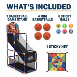 2-in-1 Kids Basketball Arcade Game Set, Adjustable Indoor Outdoor Hoop With Ball Return Ramp, 4 Balls & 6 Sticky Toss Balls