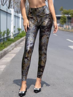 New High-waisted Gold-embossed Laser Snake-patterned Capri Pants For Stage Performances, Sexy, Slim And Shiny Leggings For Women