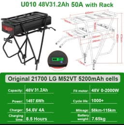 48V 15Ah Rear Rack Electric EBike Battery 36v 15AH Carrier Battery Lithium 48V 18AH 52V 20AH for 1500W 1000W 750W 500W Motor