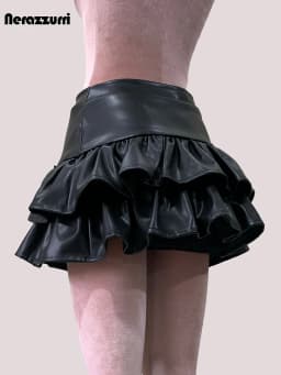 Nerazzurri Summer Autumn Soft Black Pu Leather Mini Tiered Pleated Skirt Women Lace Up Short Luxury Designer Punk Style Clothes