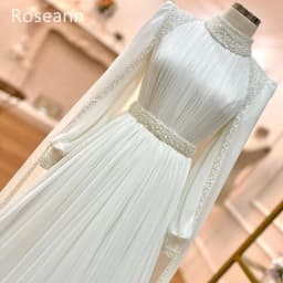 Customized Muslim High Collar Ivory A-line Wedding Dresses Paillette Fold Draped Pleat Belt Brideing Gown robe de mariée 2025