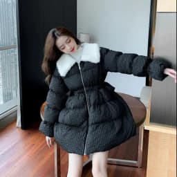 Korean Sweet Mid-Length Padded Coat for Women Winter Doll Collar Waist-Cinching Puffer Parkas Woman A Line Fluffy Quilted Jacket