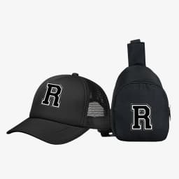 2pcs Kids' 26 letter printed pattern truck hat+chest bag set, stylish casual sunhat, portable storage purse, suitable for daily