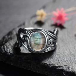 Silver Ring for Women Oval Round Natural Labradorite Ring Gift Sun Shaped Retro Luxury Fine Jewelry