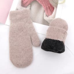 Women Winter Keep Warm Plus Cashmere Solid Color Woolen Elasticity Soft Full Fingers Mittens Girls Black Fur Knitted Cute Gloves