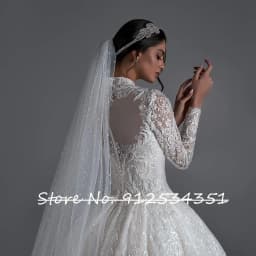 O-Neck Pearls Back Long Sleeve Beaded Appliques Shiny Sequins Lace Princess Ball Gown Wedding Dress Vestido De Novia
