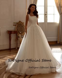 SoDigne A-line Tulle Wedding Dresses Square Collar Sleeveless Appliques Bridal Dress Bride Gown Robe De Mairee Customized 