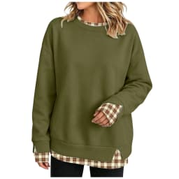 Crew Neck Sweatshirts Women Cute Long Sleeve Oversized Sweatshirt Plaid Pullove In Layered Tunic Drop Medium Weight Hoodie