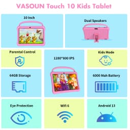 PRITOM Android 13 Tablet for Kids 10 inch Octa-Core, 64GB RAM 1TB TF Card Expandable, Parental Control, Dual Camera, WiFi