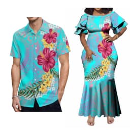 Support Custom Women'S Crew-Neck Dress Midi Party Fishtail Long Dress Polynesian Samoan Couple Suit Matching Men'S Aloha Shirt
