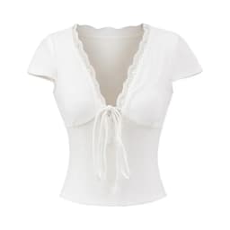 Chic V Neck Slim Crop Tops Short Sleeve Sweet Bottoming T-shirt Lace Elastic Camisole Streetwear