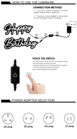 Dimmable LED 'Happy Birthday' Neon Sign in Multiple Sizes 42cm/51cm/76cm with Clear Acrylic Backer - Wall Party Light for Celebr
