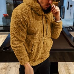 Autumn And Winter Men's Teddy Plush Drawstring Hooded Long-sleeved Sweater Jacket