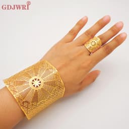 France Luxury Chain Cuff Bangle & Ring For Women Dubai Gold Color Indian Moroccan Big Bracelet Jewelry Arabic African Wedding