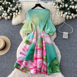Miyake Pleated Print Dresses 2026 Summer New Round Neck Lantern Sleeve A-Line Flower Bud Dress Elegant Stretch Women's Clothing