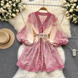 Vintage Print Elegant V-neck Lantern Long Sleeve Dress A-line Casual Women Fashion Autumn Spring Vestidos
