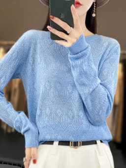 New Women Wool Blend Sweater Spring O-neck Geometric Hollow Pullover Fashion Soft Sweater Loose Casual Knit Base Tops