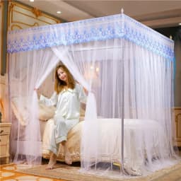 Romantic Lace Pleated Mosquito Net Embroidery Breathable Square Queen Double Bed Net Canopy Not Included Stainless Steel Bracket
