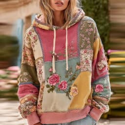 Ethnic Retro Floral Print Patchwork Hoodies Autumn Long Sleeve Drawstring Hooded Top Pullover New Winter Loose Woman Sweatshirts