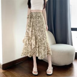 High Waist A-Line Floral Print Chiffon Halter Neck Dress Women's Summer New Style Belted Wrap Skirt Casual Polyester Fiber