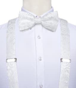 Luxury White Men's Suspenders Adjustable 6 Clips Braces DiBanGu Leather Metal Pre-Tied Bow Tie Brooch Pocket Square Set