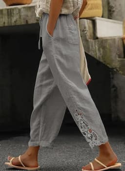 2026 Women's Pants Elastic Waist Solid Color Lace Spliced Drawstring Pocket Simple Fashion Basic Casual 9-point Pants