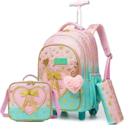 Bunnyfly 3PCS Rolling Backpack for School Kids Wheeled Backpack with Silent Wheels Lightweight Primary School Bag Durable Daypac