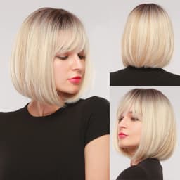 Short Bob Platinum Blonde Wig with Bangs Synthetic Natural Straight Blonde Wig for White Women Party Daily Heat Resistant Hair