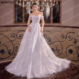 BEPEITHY Customized Strapless A Line Wedding Dresses For Women 2026 Spring Off Shoulder Lace Bride Plus Size Bridal Gown