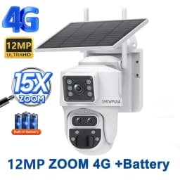SHIWOJIA 15X ZOOM Solar Camera 4G 12MP Three Lens 360° View 5W Solar Panel Security Outdoor PTZ IP Camera 7800mAh Battery UBOX