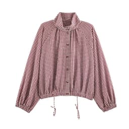 Women's Plaid Jacket, Vintage Gingham Check Coat, Stand Collar Long Sleeve Button Up Outerwear, Loose Casual Autumn Windbreaker