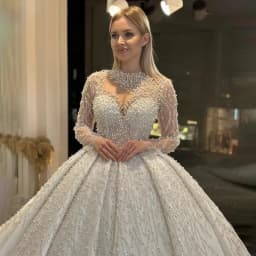 Customized Gorgeous Sparkly Crystal Sequin High Neck Beaded Ball Gown Wedding Dresses Long Sleeves Court Train Sexy Bridal Gowns