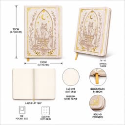 B6 Dot Grid Notebook, 160gsm Ivory Paper, 5mm Dotted Pages, Lay-Flat Hardcover with Gold Foil Cat Moon Design, Elastic Closure