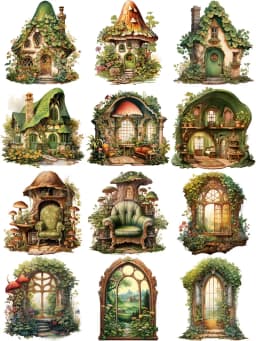 12Pcs/Pack Vintage Green Elf House Sticker DIY Craft Scrapbooking Album Junk Journal Decorative Stickers
