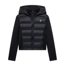 CH Women Hooded Zip Up Jacket Mixed Fabric Drawstring Hood Chest Embroidery Casual Ladies Outerwear Coats