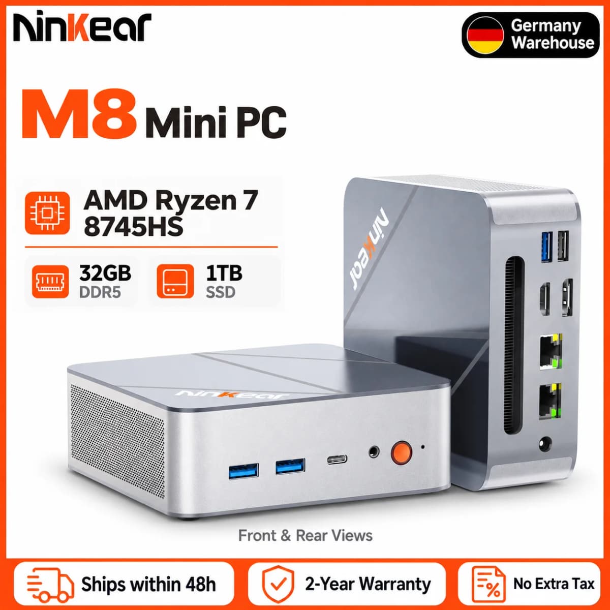 Ninkear M8 Mini PC AMD Ryzen 7 8745HS, 8 Cores 16 Threads, 16GB DDR5 RAM, 1TB SSD, Radeon 780M Graphics, Windows 11, WiFi 6, Bluetooth 5.2, Dual 2.5G LAN, HDMI, DisplayPort, USB-C, Compact Desktop Computer