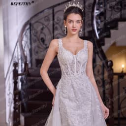 BEPEITHY Bride Customized Mermaid Lace Boho Wedding Dresses Women Long Glitter Detachable Train Bridal Gown Vestidos De Novias