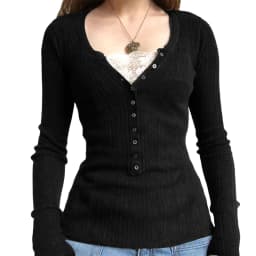 Women Button Front Knit Tops Long Sleeve Lace Patchwork Slim Fit Sweater Fall Fairy Grunge Gothic Y2K Clothes