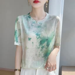 Summer New Women's Round Neck Printed Knitted Short-Sleeved Thin T-shirt Loose Bottoming Shirt