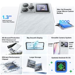 DOOGEE M30 Pro Smartphone 6.88" IP68 Waterproof Android 16 8000mAh Battery 1.3inch Rear Display 64GB(8+56) 256GB NFC Google Pay