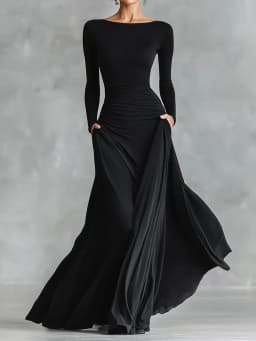 New Long Sleeve Patchwork Chic Maxi Dress, Spring Autumn Women Skew Collar Fashion Party Dress, 2026 Elegant Simple Ladies Dress