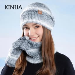 Winter Cap Gloves Scarf Set Women GradientColor Knitted Hat Thickened Fleece Lining Skullcap Outdoor Cycling Windproof Beanies
