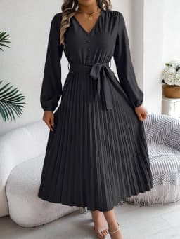 Spring Autumn Elegant Buttons V Neck Lantern Long Sleeve Lace Up Pleated Dress Khaki Blue Red Green Black Women Dresses