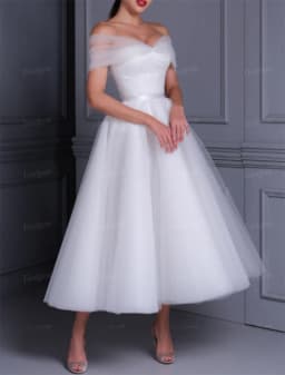 Toofgon Simple Tea Length Midi Wedding Dresses Off The Shoulder Lace Top Tulle Bridal Gowns Bride Formal Party Dress Customized