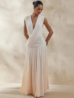 Mozision Elegant Deep V Neck Sexy Maxi Dress Women Fashion Sleeveless Draped Ruched Waist Bodycon Club Party Long Dresses Female