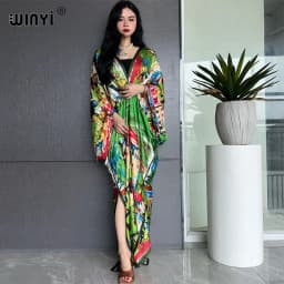 2023 WINYI Sexy Beach High-Quality Silk Feel Fashion Print Maxi Women's Robes Long V-Neck Bohemian Dress Party Evening Dress