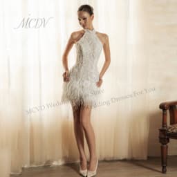 Beaded Sequin Mini Wedding Dress Feather Bodycon Short Bridal Gown Backless Elopement Bachelorette Party Bride Dress Customized