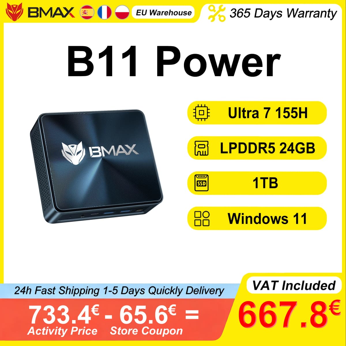 Bmax B11 Power Mini Pc Intel Core Ultra 7 155H 24Gb Lpddr5 4400Mhz Ram 1Tb Ssd Windows 11 Pro Wifi 6 Bluetooth 5.2 HDMI Type C