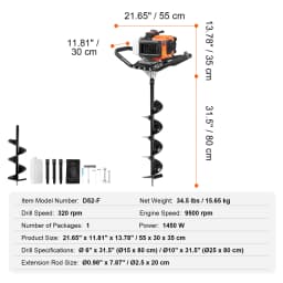 SucceBuy Post Hole Digger Gas Powered 52CC 1450W Earth Auger Gas Auger w/ 6”&10” Auger Drill Action Design Bits&3 Extension Rods